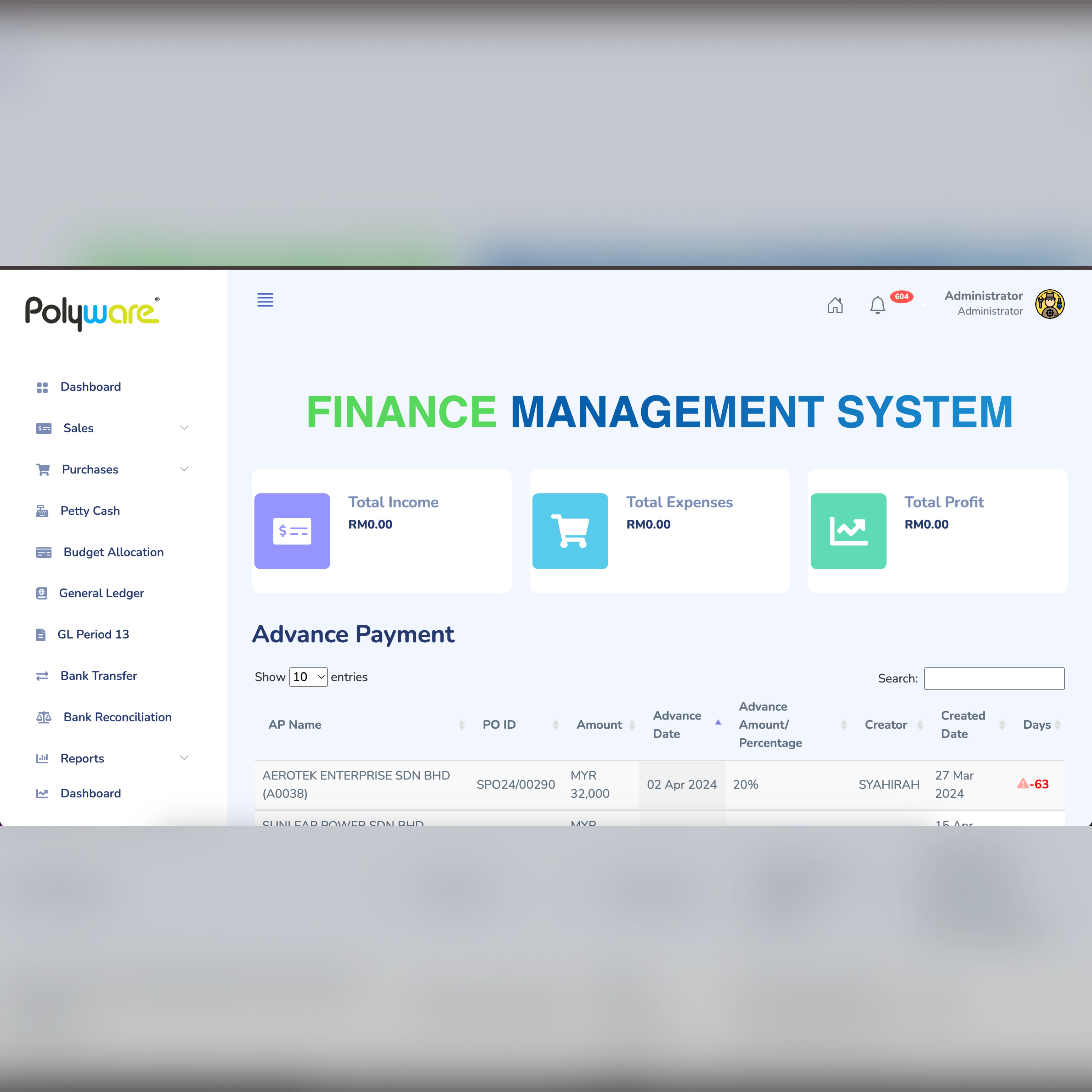 Finance Management System screenshot
